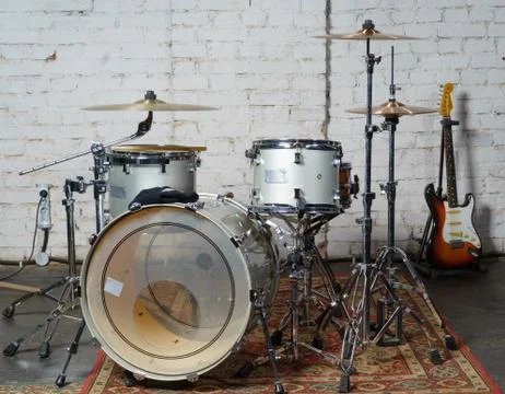 Drum set on a stage White background Stock Photos