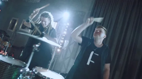 A drum show at an event, a performance by drummers at a banquet 스톡 동영상 203595897
