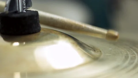 Drum stick hitting the bell on ride cymbal Stock Footage 230189203