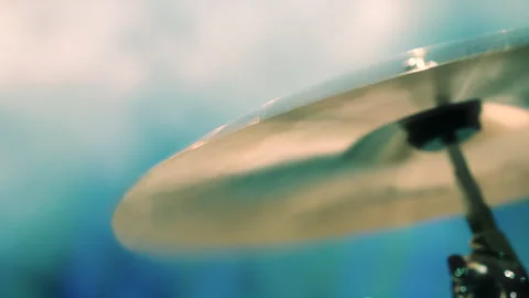 Drum Stick Hitting a Drum Plates. Close-up of Drum Bronze Cymbal Plate. Stock Footage 194206689