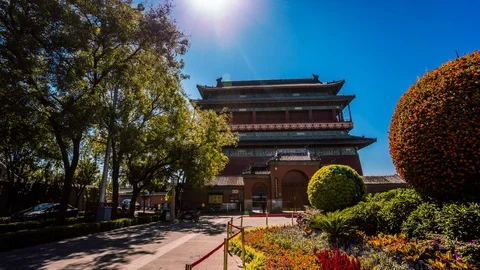 Drum Tower, Beijing time lapse Stockbeeldmateriaal 119018161