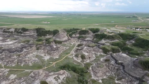 Drumheller Alberta Canada - 06 19, 2022: Aerial View of Horseshoe Canyon Stock Footage 313477757