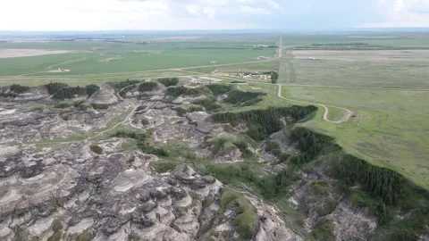 Drumheller Alberta Canada - 06 19, 2022: Aerial View of Horseshoe Canyon Stock Footage 313477788