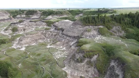 Drumheller Alberta Canada - 06 19, 2022: Aerial View of Horseshoe Canyon Stock Footage 313478378