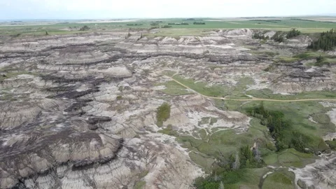 Drumheller Alberta Canada - 06 19, 2022: Aerial View of Horseshoe Canyon Stock Footage 313478918