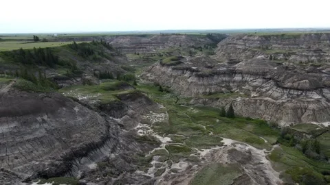 Drumheller Alberta Canada - 06 19, 2022: Aerial View of Horseshoe Canyon Stock Footage 313478990