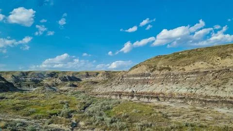 Drumheller, Alberta, Canada - August 06 2024: Area of the badlands as viewed  Stock Photos