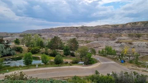 Drumheller, Alberta, Canada - August 06 2024: Area of the badlands as viewed  Stock Photos