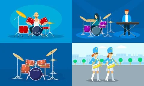 Drummer banner set, flat style 스톡 일러스트