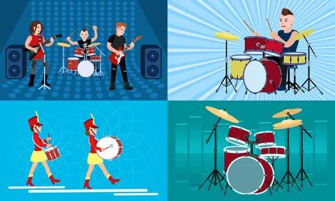 Drummer banner set, flat style Stockillustratie