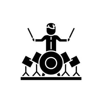 Drummer black icon, vector sign on isolated background. Drummer concept symbol Stock Illustration