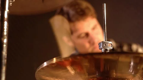 Drummer. Close-up on a hi-hat &amp; drum kit aggressively played by a unsharp male 動画素材 59552986