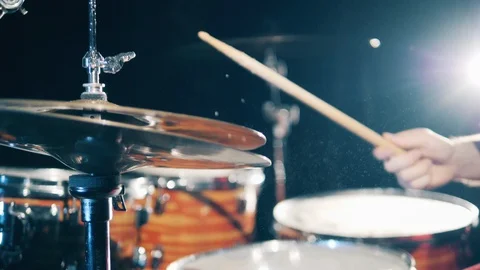 Drummer, drumset, drums in slow motion. Male drummer plays instrument, hitting Stock Footage 128169651