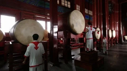 Drummer exhibition inside Drum Tower, Gulou Stock Footage 113225673