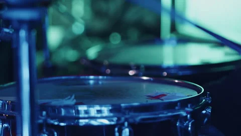 Drummer hitting snare drum multiple times on stage Stock Footage 285627242