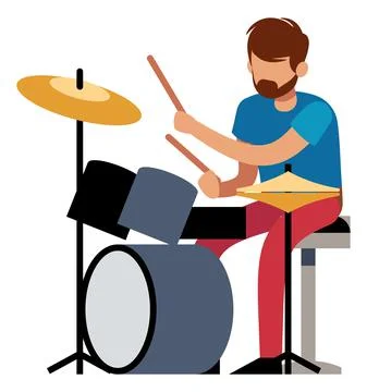 Ikon pemain drum. Pria kartun sedang bermainIkon pemain drum. Pria kartun sedang bermain  