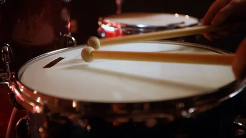 Drummer, jazz lesson , percussion drum sticks , drumroll on a snare red drums Stock Footage 105455323