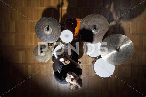 Drummer looks up Stock Photos
