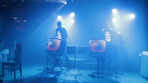 Drummer Performance On Luminous Drums. Led Drums. Drum Show 스톡 동영상 123700184