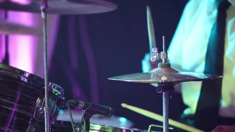 Drummer playing on drum set. Drummer on stage Stock Footage 100546721