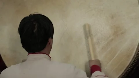 Drummer Playing Large Traditional Drum at Drum and Bell Tower in Beijing, China Stock Footage 341712258