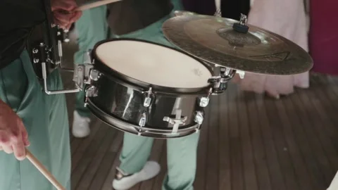 Drummer playing snare drum and cymbal at live music performance Stock Footage 337495868