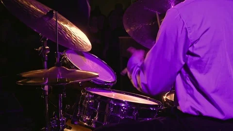 Drummer plays on drum set and cymbal Stock Footage 73392833