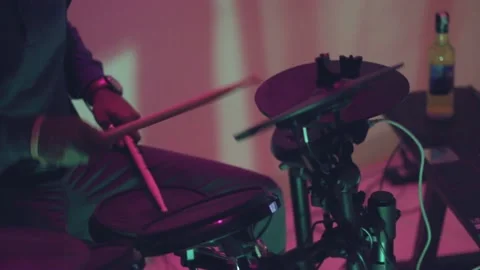 Drummer Rocks his Kit Hard in Green Lights Stock Footage 203185991