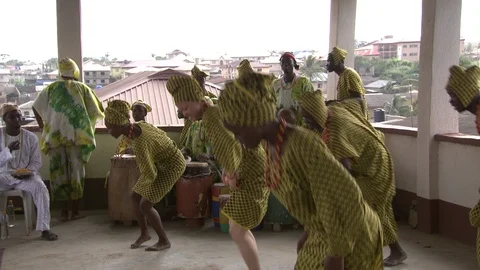 Drummers and dancers perform at Orisha initiation ceremony. Stock Footage 86760985