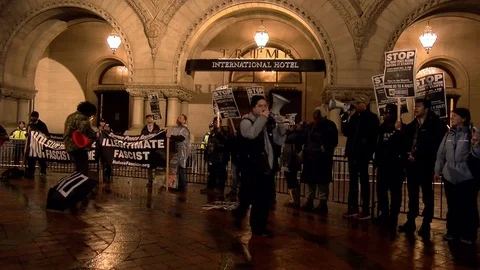 Drummers at anti-Trump Protest in Washington, DC (medium shot) Stock Footage