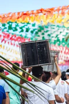 Drummers carrying drums Stock Photos