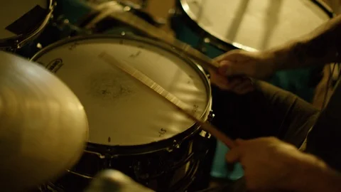 Drummers hand playing drum set in the studio Stock Footage 109267889
