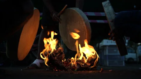 Drummers Heating Up Drums With Fire During Thaipusam Festival In Penang. Stock Footage 234042137