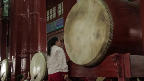 Drummers Performing on Large Traditional Drums Inside Drum and Bell Tower, Beiji Stock Footage 341712095