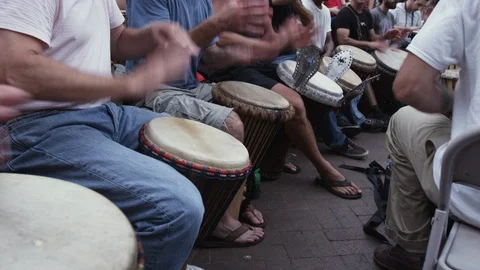 Drummers playing drums during Drum circle in Asheville, NC Stock Footage 103424082