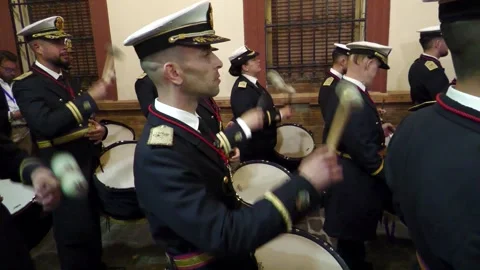 Drummers Playing During Semana Santa Night Procession in Seville Stock Footage 336007584