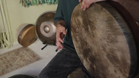 Drumming session in a small room with various percussion instruments Stock Footage 326728158