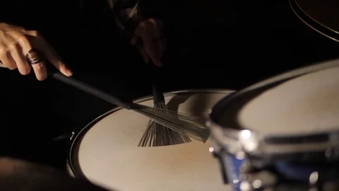 Drumming On Snare With Brushes Close Up Slowmotion. footage of two drum sticks Stock Footage 77575193