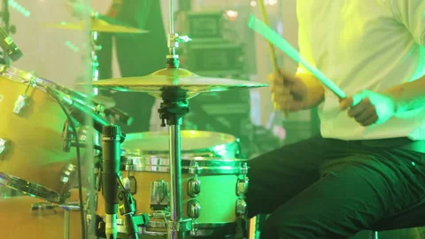 The drums and cymbals during playing. Drum set, drum kit in dark, drummer plays Video stock 196006483