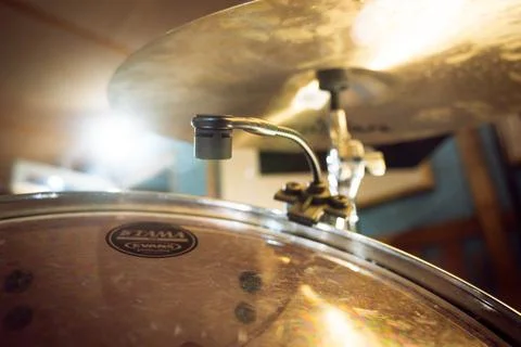 Drums and mic in studio Stock Photos
