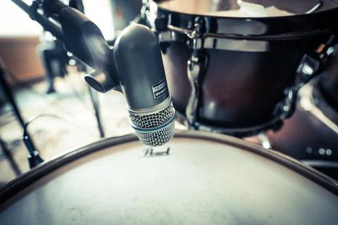 Drums and mic in studio Stock Photos