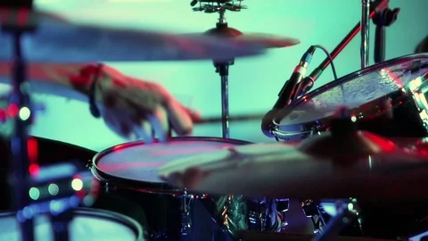 Drums close up. Drum roll, hi-hat. Concert rock band performing on stage Stock Footage
