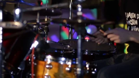 Drums player playing on drums on rock concert on dark colorfull background. Stock Footage 88024189