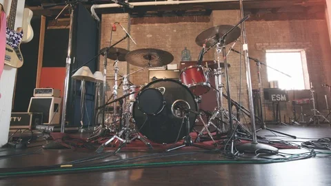 Drums Pull Back Wide Low Angle in Studio Stock Footage 89540771
