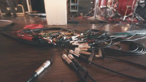 Drums in Recording Studio Tilt Down to Mic Cables Stock Footage 89511778