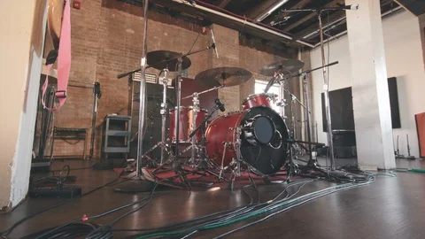 Drums in Recording Studio Tilt Up From Mic Cables Stock Footage 89511794