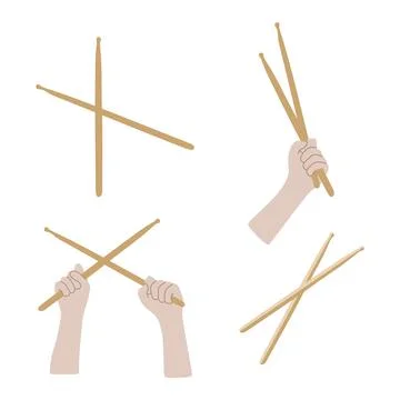 Drumsticks and hands Flat set. Vector Collection of Music equipment isolated  Stock Illustration