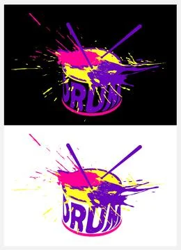 Drumsticks hit the drum with bright splashes of acrylic paint droped with c.. Stock Illustration
