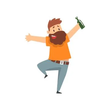 Drunk bearded man with bottle of alcohol drink in his hand, funny guy character Stock Illustration