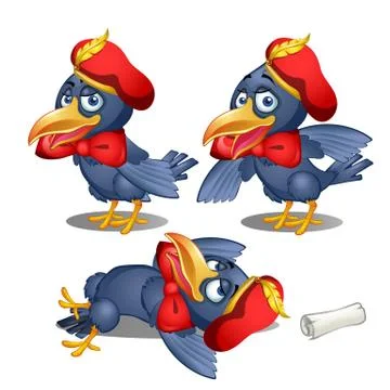 Drunk crows Ambassador lost scroll of the Royal message. Cute animal isolated on Stock Illustration